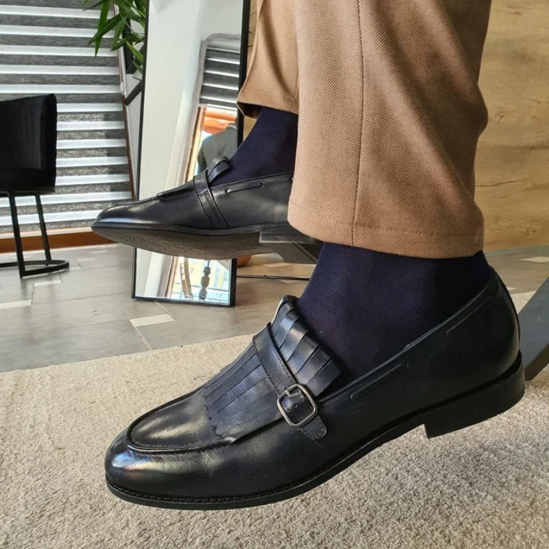 New Black Loafers for Men Green Tassels Square Toe Slip-On Pu Leather Men's Formal Shoes  Size 38-46 Men Shoes