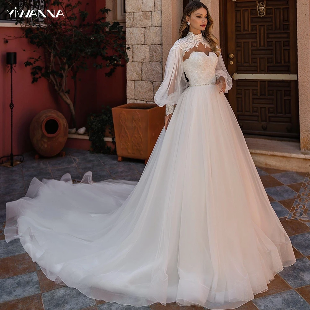 Vestido De novia De manga larga con cuello alto y apliques clásicos, elegante, corte en A, modesto