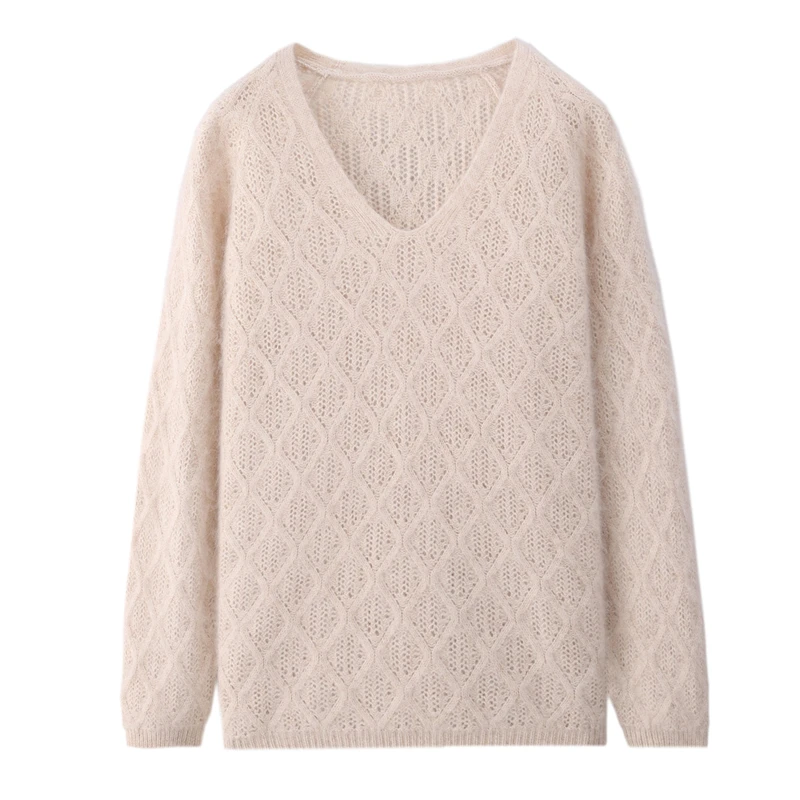 Chic V-Neck Gentle Hollow Out Pure Color Sweater Women's Pullovers Basic Soft Warm 100% Mink Cashmere Casual Loose Tops