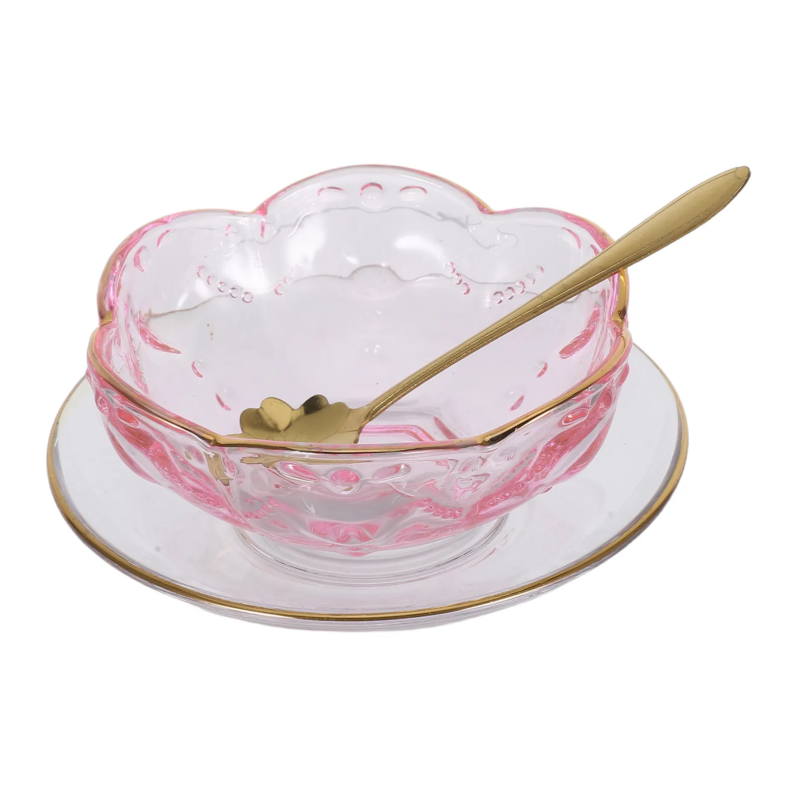1Set Decorative Glass Bowls Gold Rim Flower Edge Small Dessert Serving Bowls Ice Cream Snack Fruit Kitchen Glass Dessert Plates