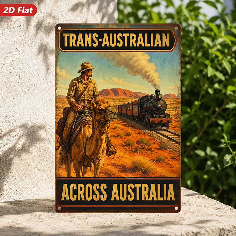 2D Flat, 1pc Metal Sign Wall Art, Trans-Australian Railway | Steam Train, Rider on Camel, Suitable for Living Room Entryway