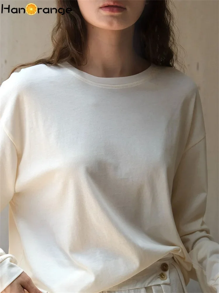 HanOrange-T-shirt à manches longues pour femme, haut amincissant, doux et simple, doux pour la peau, confortable et décontracté, blanc cassé et gris, automne 2024