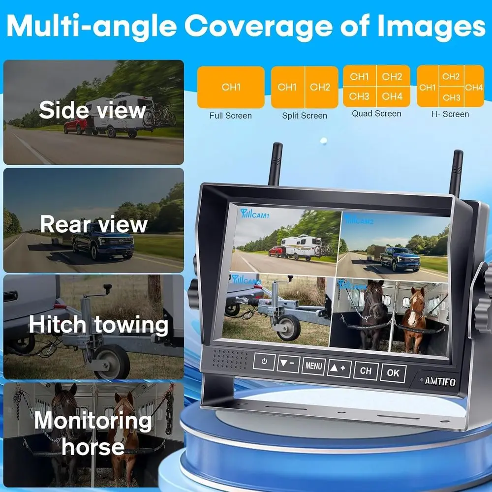 Drahtlose RV-Rückfahrkamera: 1080P HD-Rückfahrkamera mit 7-Zoll-DVR-Split-Screen-Monitor, 170 °   Weitwinkelobjektiv, IR-Nachtsicht, Wat
