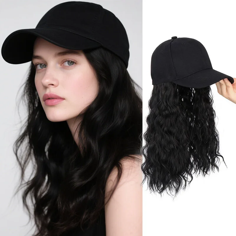 

18Inch Synthetic Long Wave Curly Baseball Cap Hair Extension Adjustable Black Blonde Hairpece Hat Wig for Women