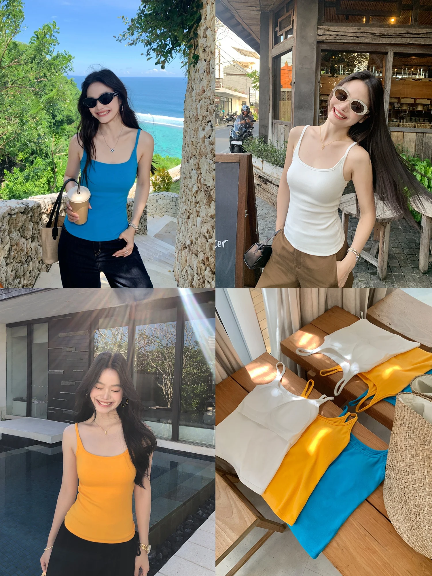 Pusumede  Summer Women's Slim Fit Tank Top with Chest Pad Elastic Strap Vest Outdoor Wear Sleeveless U-Neckline