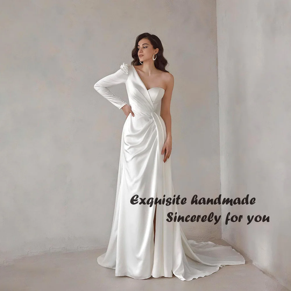 

White One Shoulder Mermaid Wedding Dresses Draped Satin Modern Bride Dress Customized Long Wedding Bridal Gowns 2023