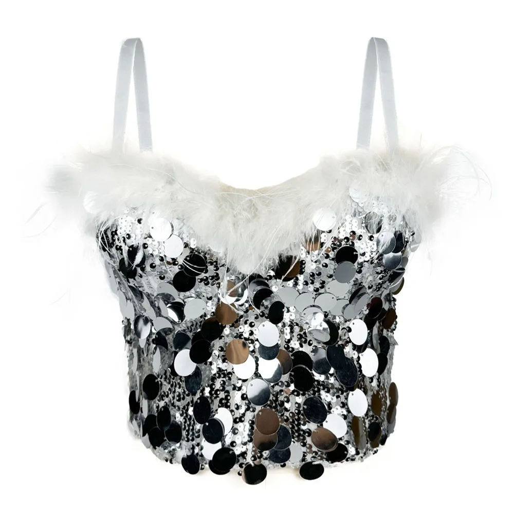 IRENE TINNIE-Short Crop Top With Sequin Bead Bustiers Sexy Corset Silver Feather Tank Top Women's Binder Bra, 2025 New Fashion