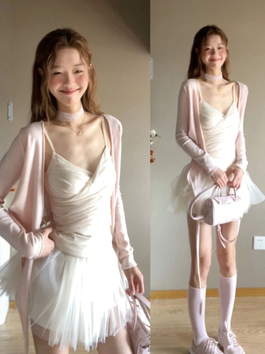 

Soft Style Unique Beautiful Open Cardigan Strap Halter Skirt Three Piece Set Complete OOTD Spring 2026 Fashion Women's Ensemble