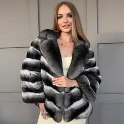 Womens Rabbit Coats With Turndown Collar Real Chinchilla Rex Rabbit Fur Jackets  Short Rabbit Fur Coat Ladies