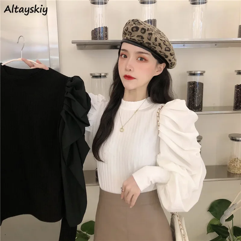 Pullovers Women Spring Vintage Patchwork Fashion Skin-friendly Knitted Tops All-match Tender Simple Puff Sleeve Slouchy Solid