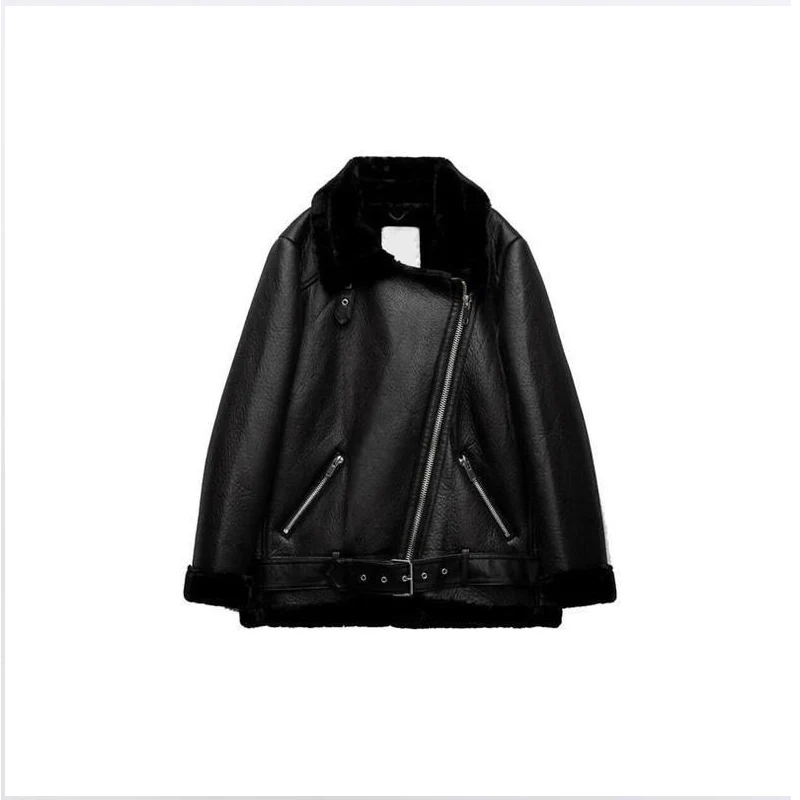 Thiened Double face moto Jaet femmes rembourré fourrure cuir manteau rue Sle longue Sve fermeture à glissière couleur