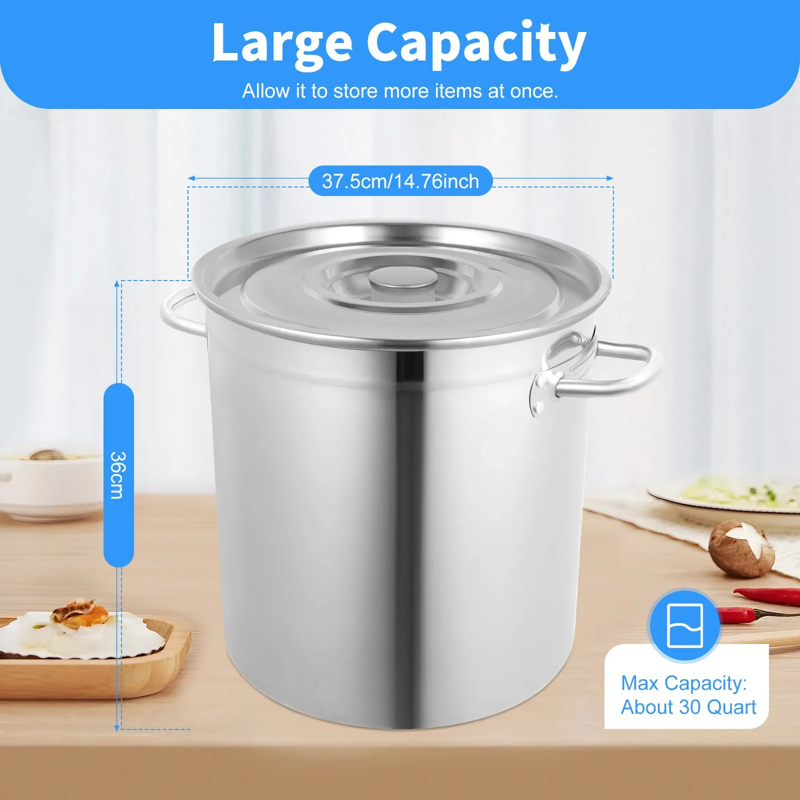 Heavy Duty 30 Quart Stainless Steel Stock Pot, Commercial Grade Cookware with Lid and Sturdy Riveted Handles, Universal Large