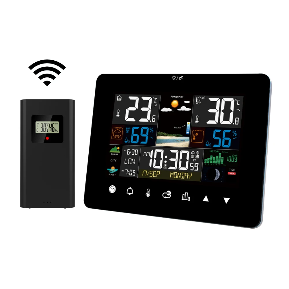 محطة الطقس المنزلية مع مقياس حرارة الساعة الذرية، محطة عرض كبيرة، محطة توقعات رقمية ملونة للمنزل