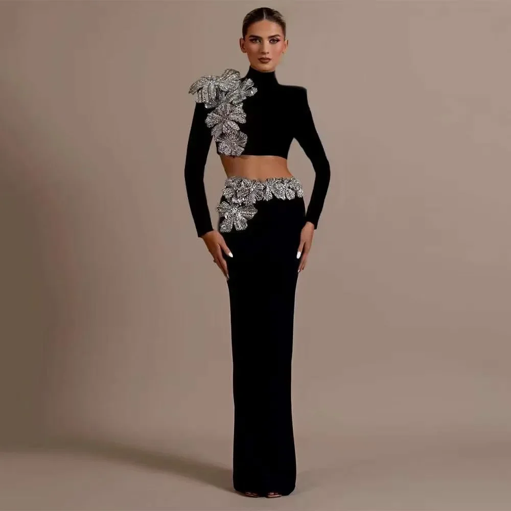 

Luxurious Sparkling Diamond Black 2 Set Sexy Long Sleeve Tight Long Bandage Dress Elegant Celebrity Party Evening Dress