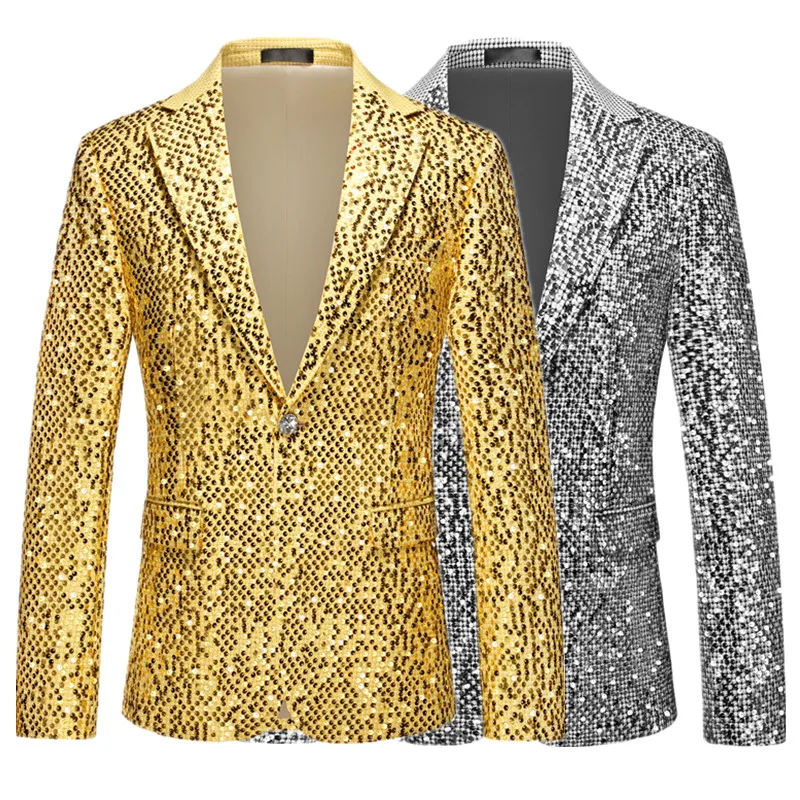 

2025 New Men Wedding Banquet Party Luxury Sequin Suit , Gold / Silver Fashion Singer Host Stage Performance Blazer