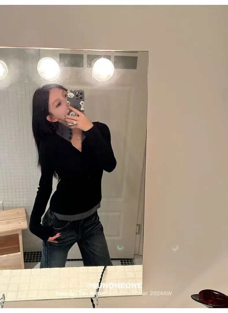 

Korean Chic Design Fake Two Pieces Long Sleeve Sweater Women Autum New Elegant All Match Slim Fit Base Tops Winter Pullover N482