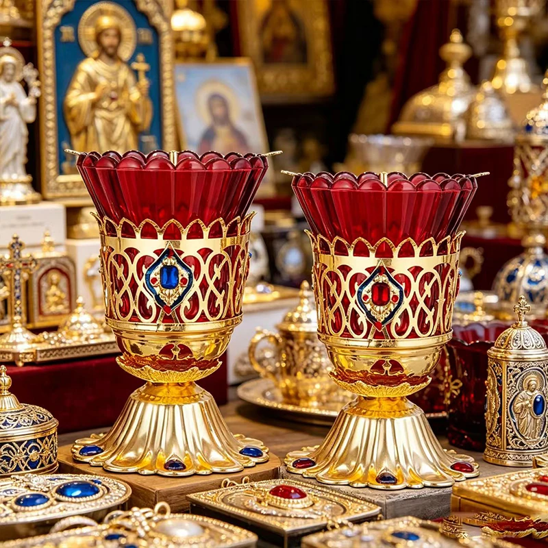 Orthodoxe Vigillampe aus Rotem Glas mit Goldmetall-Kerzenhalter, Verzierte Byzantinische Lampe für Heimaltar, Kirchendekoration, Religiöses Geschenk – Detail 4