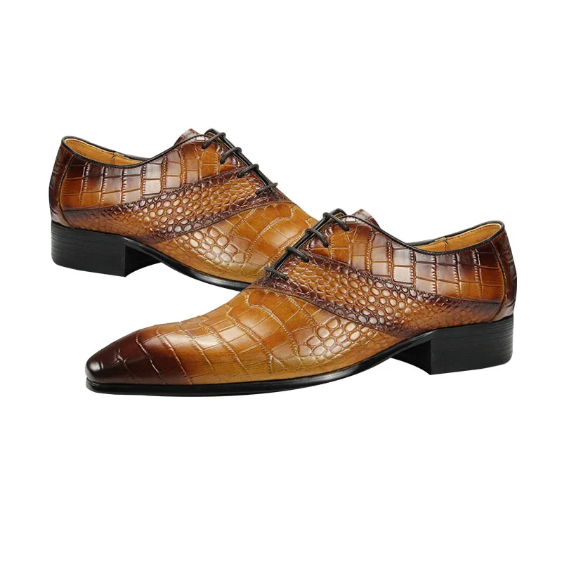 Zapatos de vestir Oxford de cuero marrón para hombres, punta estrecha, Derby, boda, negocios, diseño especial, grano de cocodrilo, zapatos genuinos,