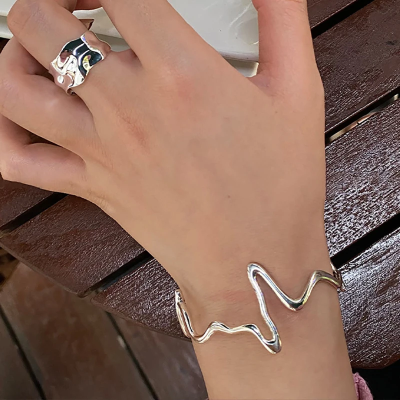 FOXANRY Minimalist Stamp Bracelet for Women Couples Fashion Creative Irregular Wave Geometric Handmade Party Jewelry Gifts