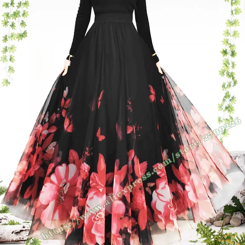Elegant Maxi A-Line Skirt for Women with Large Flowers on Mesh Flowy Fairy Style Ladies Skirts