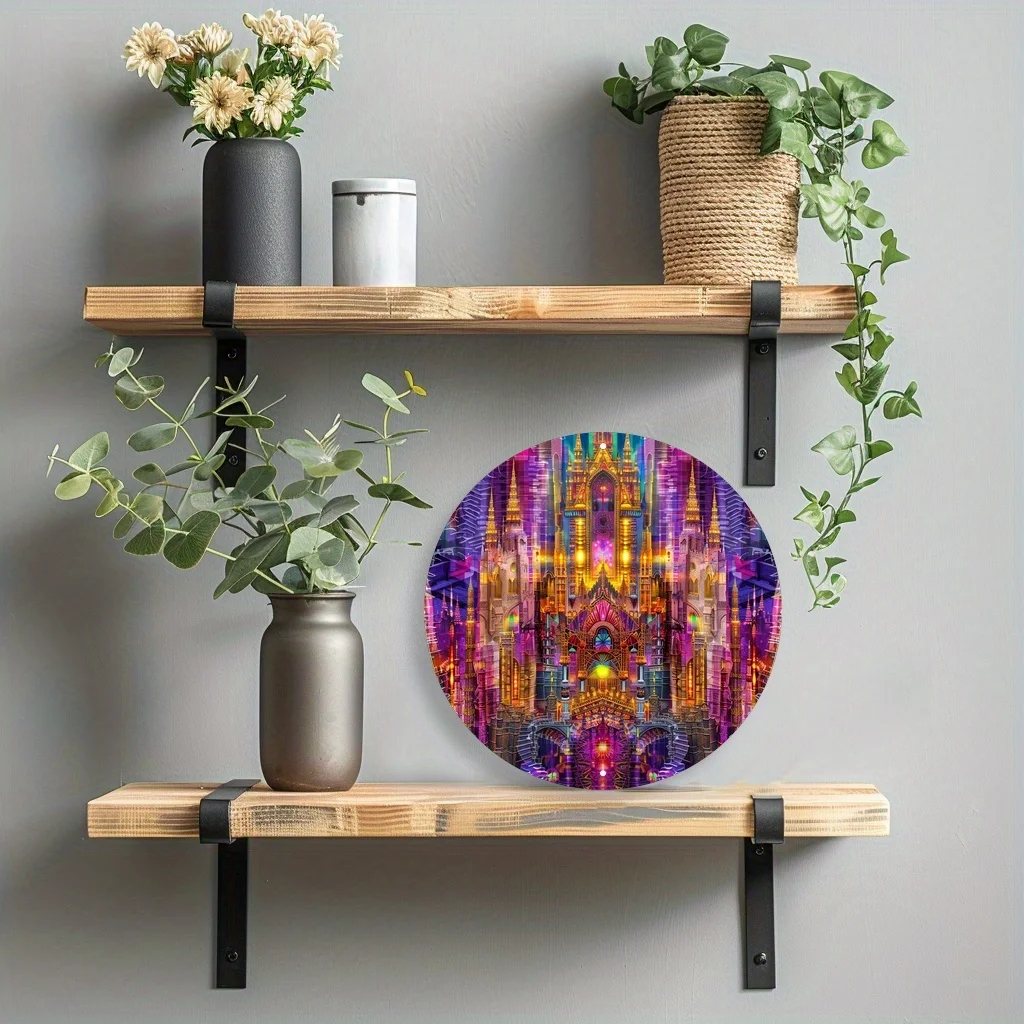 2D Flat - 2D Plane - 1pc 2D Plane Printed Metal Iron Wall Decoration, Featuring a Kaleidoscope Design of a Medieval Castle, Show