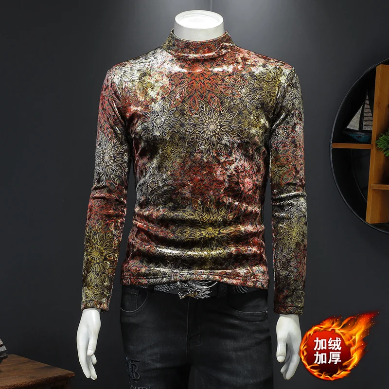 Exquisite Printing Turtleneck Men T Shirt Homme Long Sleeved Slim Winter Quality Velvet Soft Comfortable Casual Luxury Camisetas