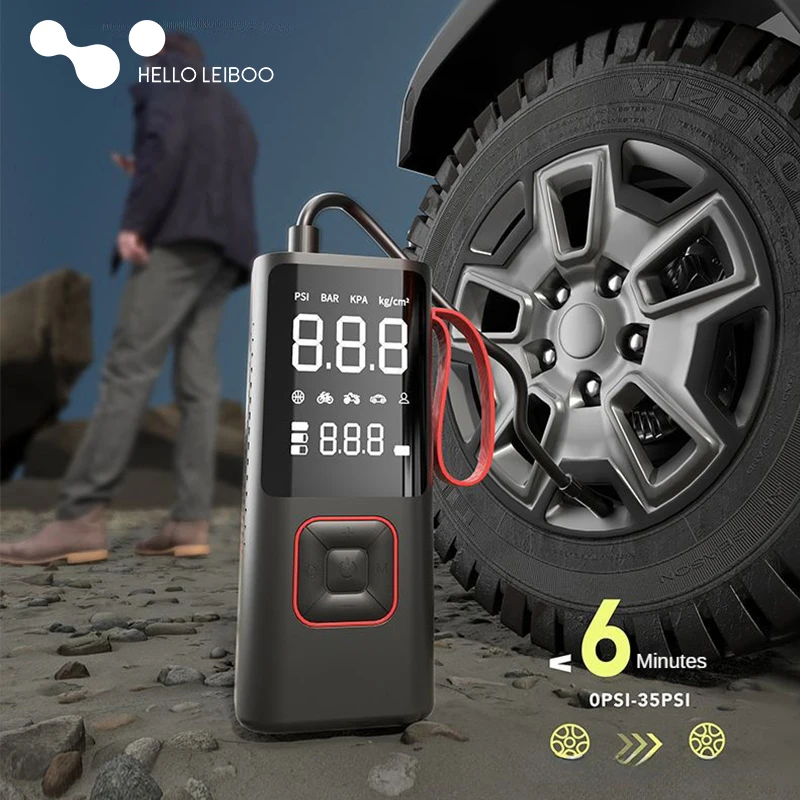 LEIBOO Car Wireless Air Pump Portable Air Compressor for Car Bicycle Ball Inflator with Cigarette Lighter and USB Charging Cable 