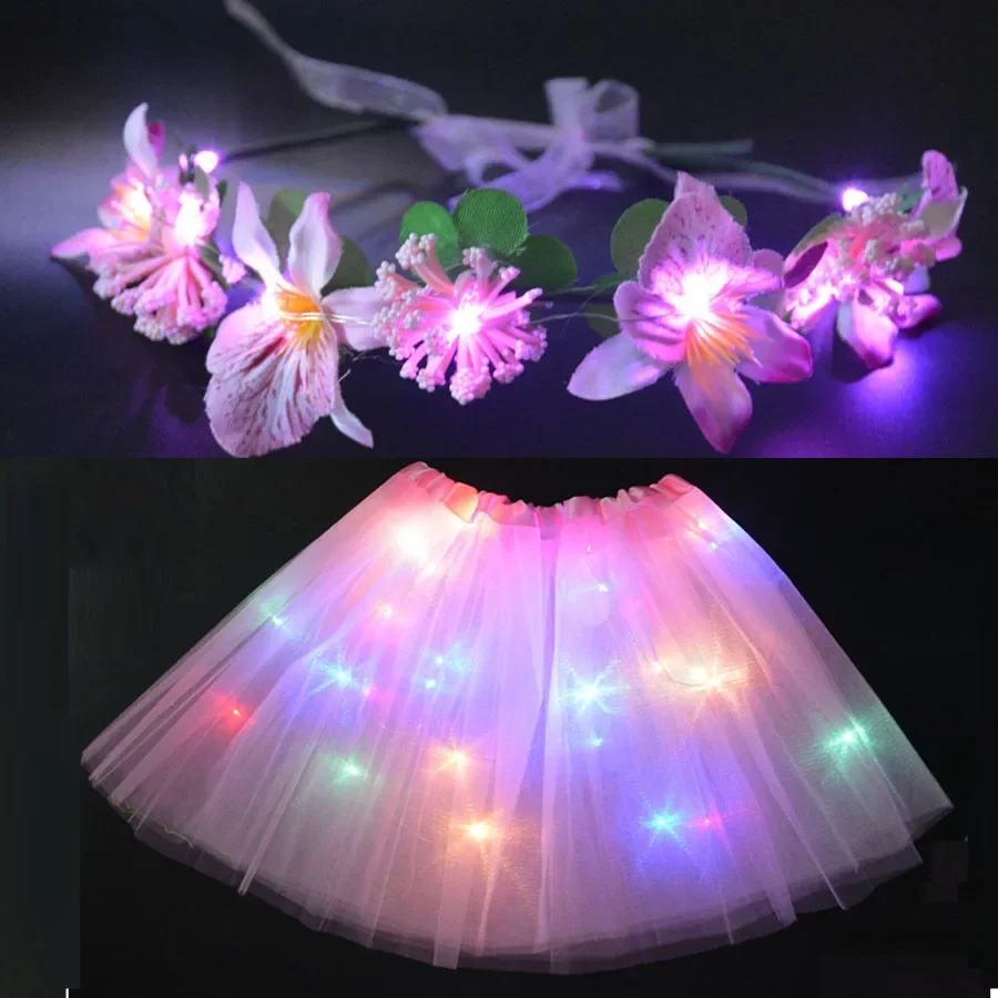 girls women light up tutu led skirt glow Wreath headband party gift  Birthday Luminous Festival Costumes   Wedding Halloween