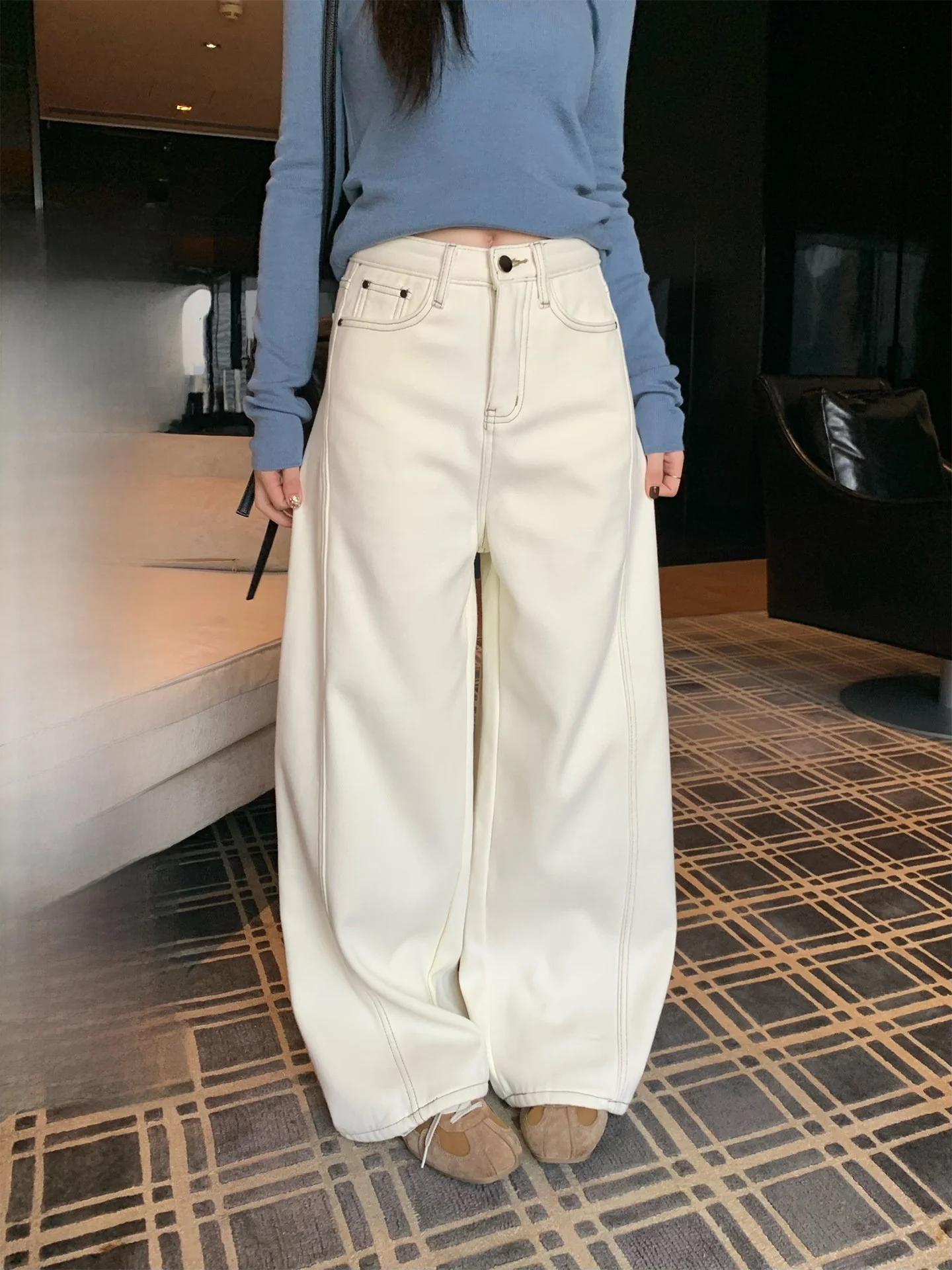 

Зимние женские повседневные брюки прямого кроя, свободные, на флисовой подкладке, с широкими штанинами, с высокой талией, утягивающие, хлопковые