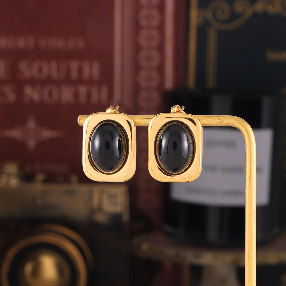 Gothic Black Glass Stone Vintage Earrings for Women 316 Stainless Steel Gold Plated Square Ear Stud Waterproof Jewelry