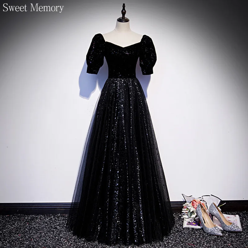 Doce Memória-Vintage Backless Vestidos De Noite Para Meninas, Manga Curta, Banquete Estrelado, Vestido De Aniversário, Rede De Malha, Vestido De Baile, Preto, S151