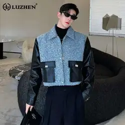 LUZHEN Spring Fabric Short Fashion Jackets Patchwork Faux Leather Color Contrast Trendy Casual Outerwear Male Clothes LZ6326