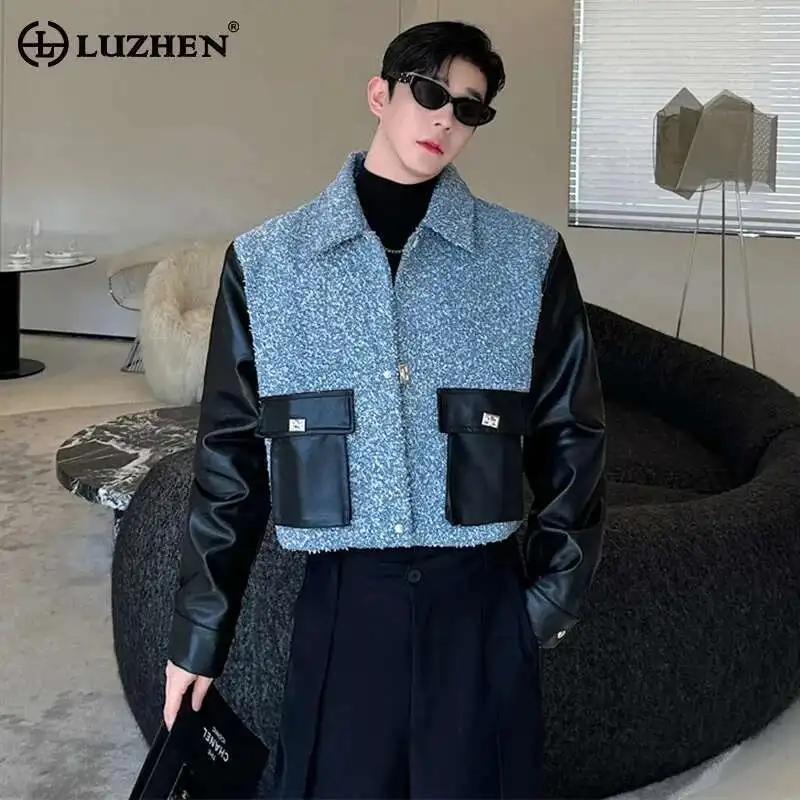 LUZHEN Spring Fabric Short Fashion Jackets Patchwork Faux Leather Color Contrast Trendy Casual Outerwear Male Clothes LZ6326
