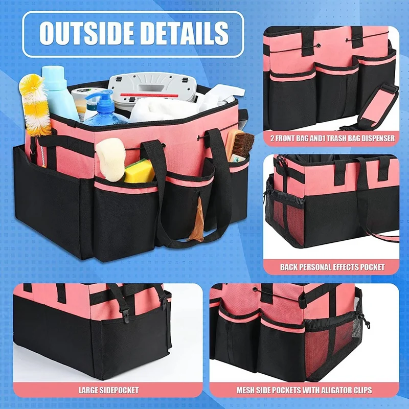 Wearable Cleaning Storage Bag Black-Red Polyester Cleaning Tool Organizer Waterproof Bag With 4 Foldable Dividers