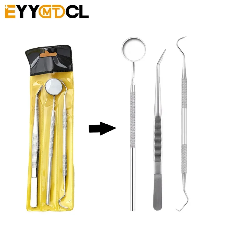 3pcs Stainless Steel Dental Tool Dental Mouth Mirrors Cleaning Tools Mirror Double Probe Sickle /Hoe Tooth Oral Care Kit Dentist