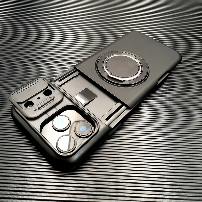 Luxury Armored Sliding Lens Cover Phone Case  for Iphone 17 16 15 14 13Pro Max 360° Rotating Bracket Insert Card Package Design view 4