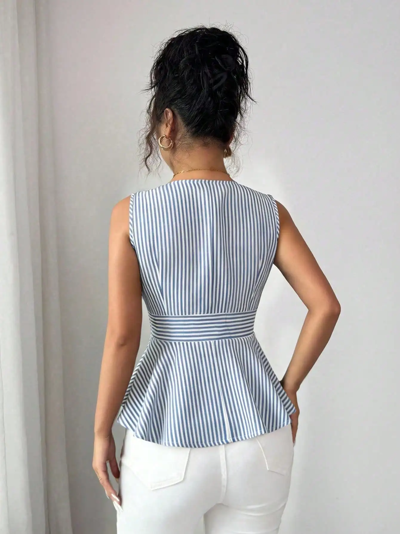 Ladies Elegant Decorative Metal Buckle Asymmetric Shoulder Stripe Top Fashionable Asymmetrical Design Ladies' Shirt