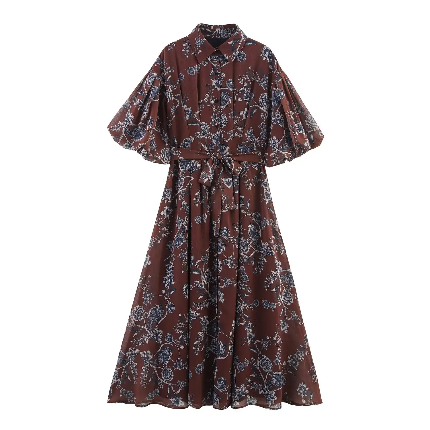 Women Ethnic Elastic Waist Puff Sleeve Midi Dresses Robe Flower Print O Neck Open Buttons Chiffon Shirt Dress
