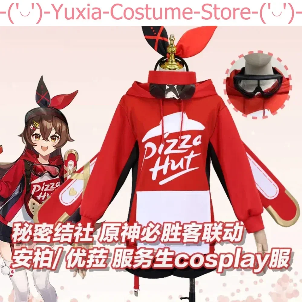 Anime Genshin Impact Amber Pizza Hut Linkage Waiter Game Suit Lovely Uniform Cosplay Costume Halloween Party Outfit