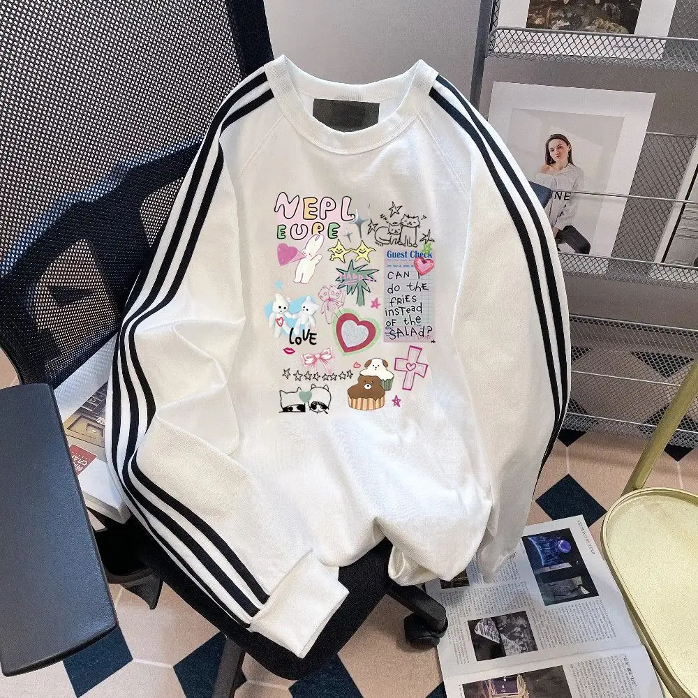 

New Fun Splicing Cartoon Printed Top American Design 2024 Sense Three-pole O-neck Sweater Women Autumn Winter Sweatshirt Women