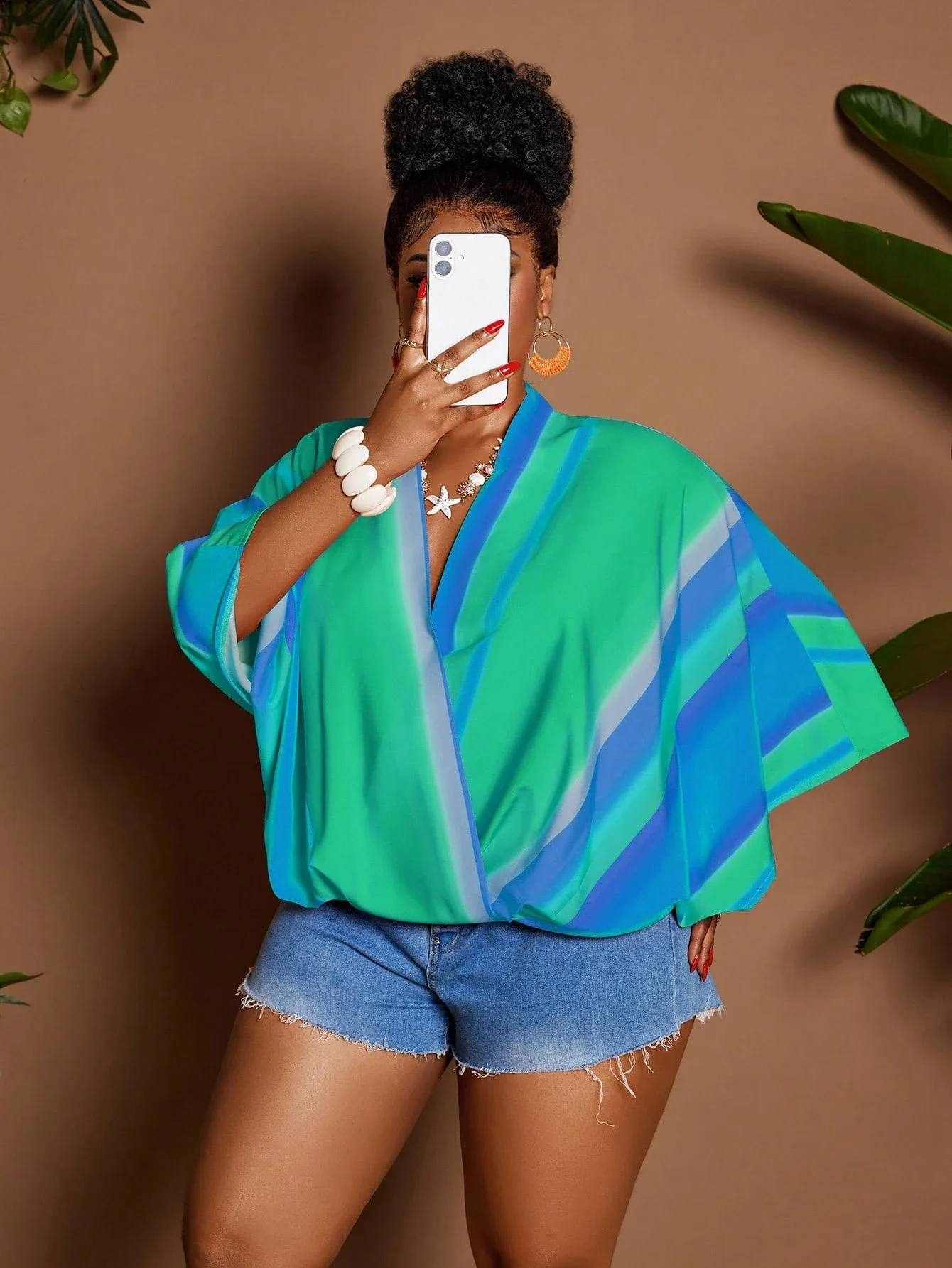 

Plus Size Casual Vacation Striped Batwing Sleeve Blouse For Women