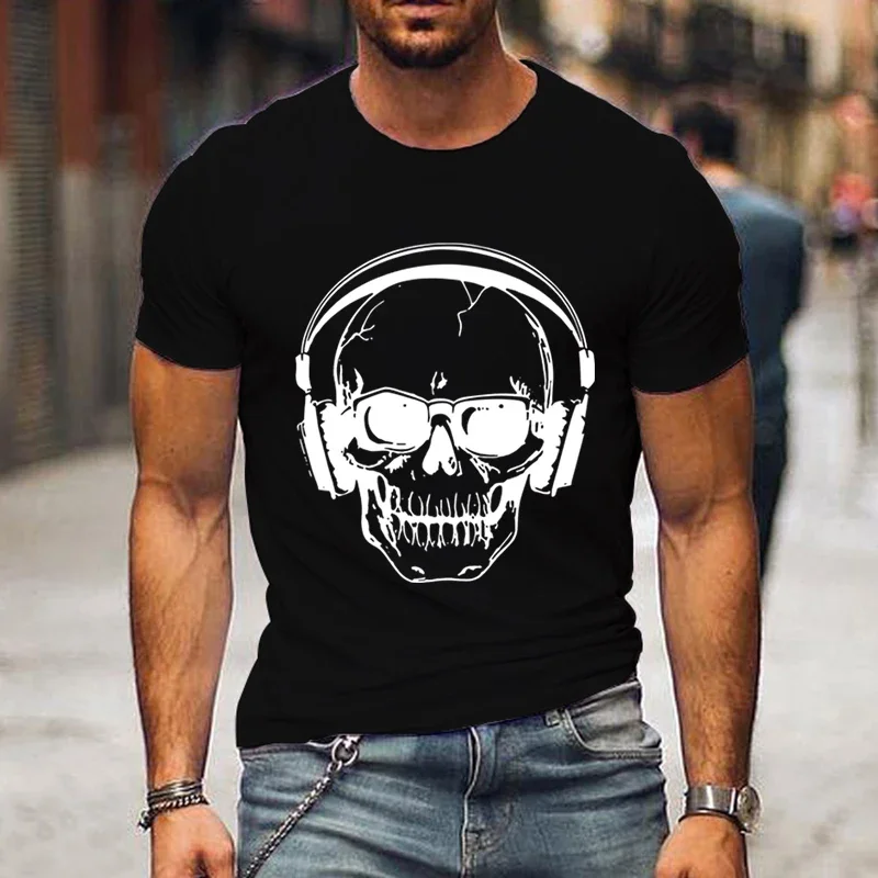 Skull Print T-shirts for Men Clothing Funny Music Tee Shirts Homme Luminous DJ Male T Shirt Short Sleeve Clothes Camiseta Hombre