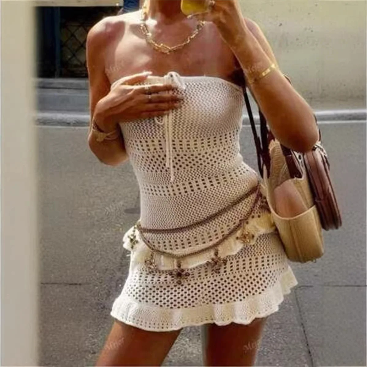 Sexy Lace-knitted One-piece Dress with Openwork Lace and Fitted Bodice Sleeveless Bikini Beach Wear Swimwear Monokini Dress
