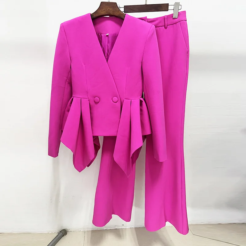 

Women's Suit 2 Piece Set V-Neck Irregular Blazer & High Waisted Wide Leg Pants Set for Banquet and Evening Events Customized