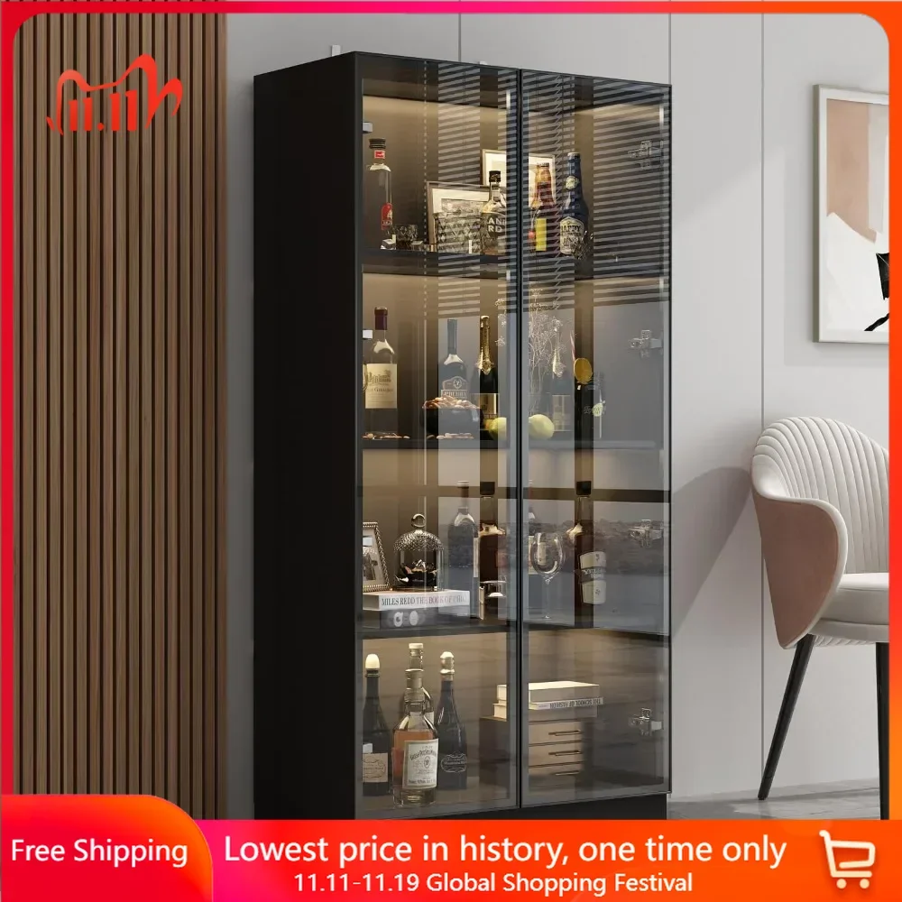 

Lights Display Cabinet with 4-Tier Shelves Displays Cabinet 2 Glass Doors, Display Cabinets