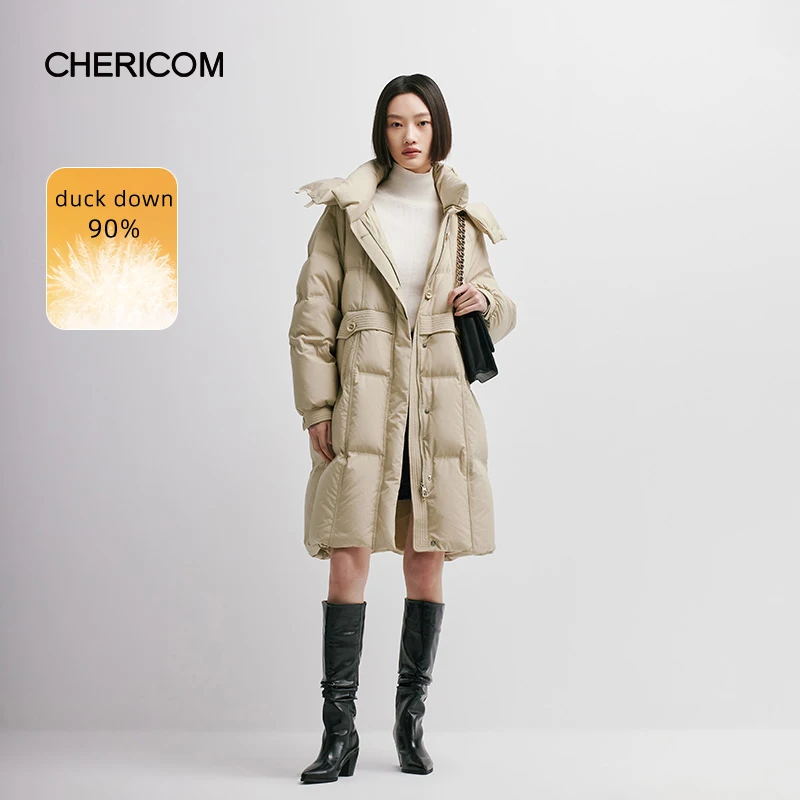 Chericom Mid Long Women Down Coats Thick Warm Down Jackets Skinny Hooded Padded Jacket Solid Duck Down Puffer Coats 298092