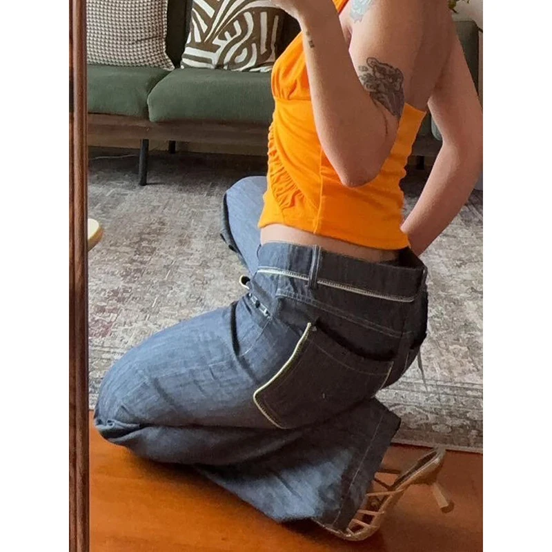 المرأة خمر الأزرق متوهج الجينز 2000s شارع العليا الدنيم السراويل Y2k Harajuku جرس أسفل الدانتيل المرقعة جيب بناطيل كاجوال #4