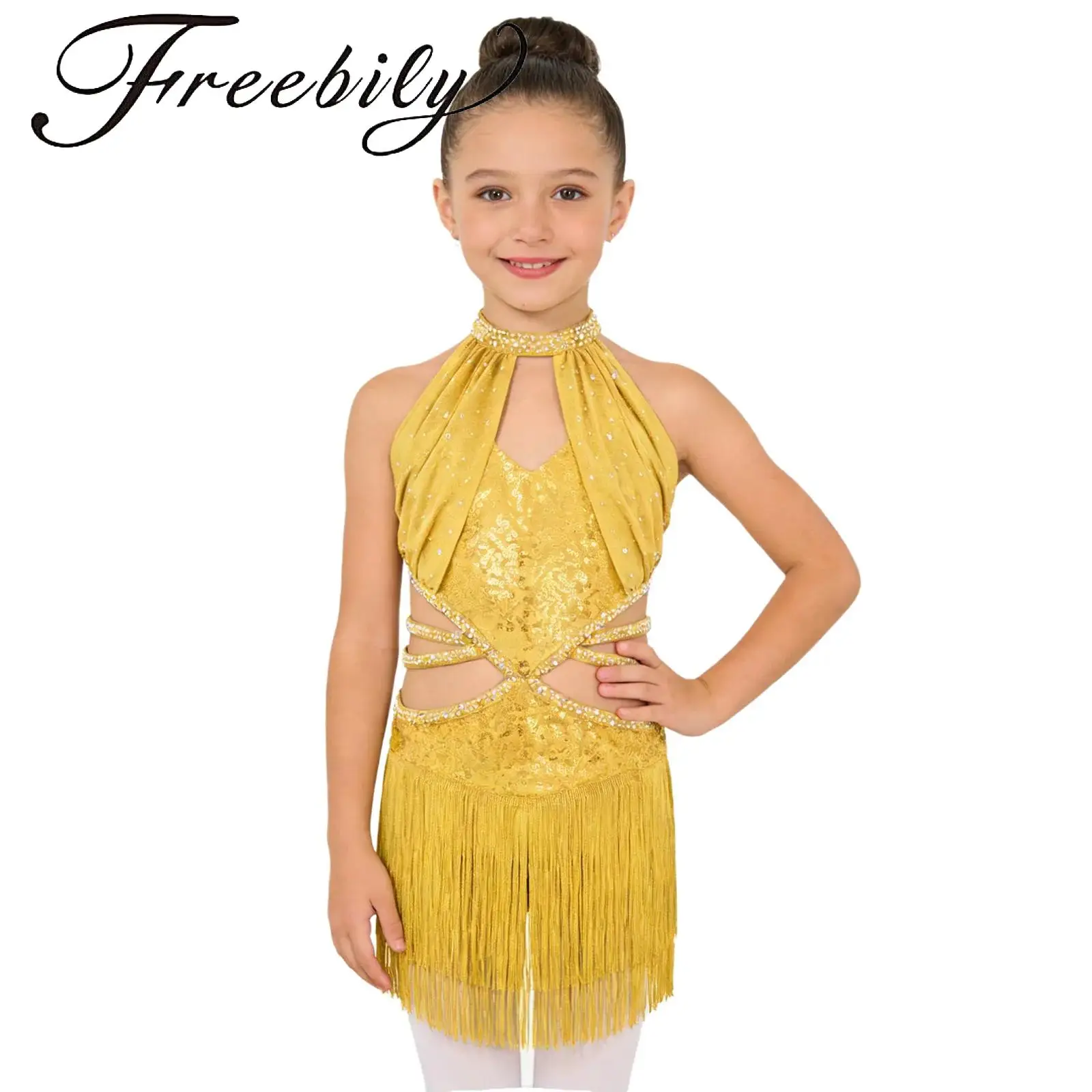 Kids Girls Sequins Latin Dance Dress Sleeveless Ruched Mesh Overlay Bodice Cutout Waist Tassel Glittery Rhinestone Leotard