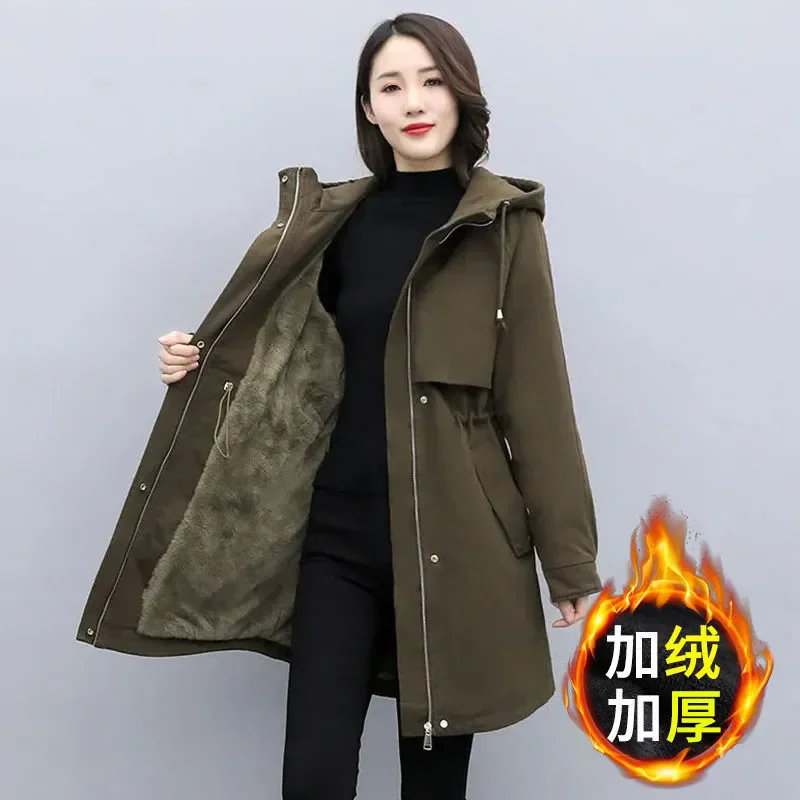 

Medium long Hooded Waist cinching Parker Women's 2025 Autumn Winter New Thicken Warm Cotton Jackets Female Velvet Casual Coats