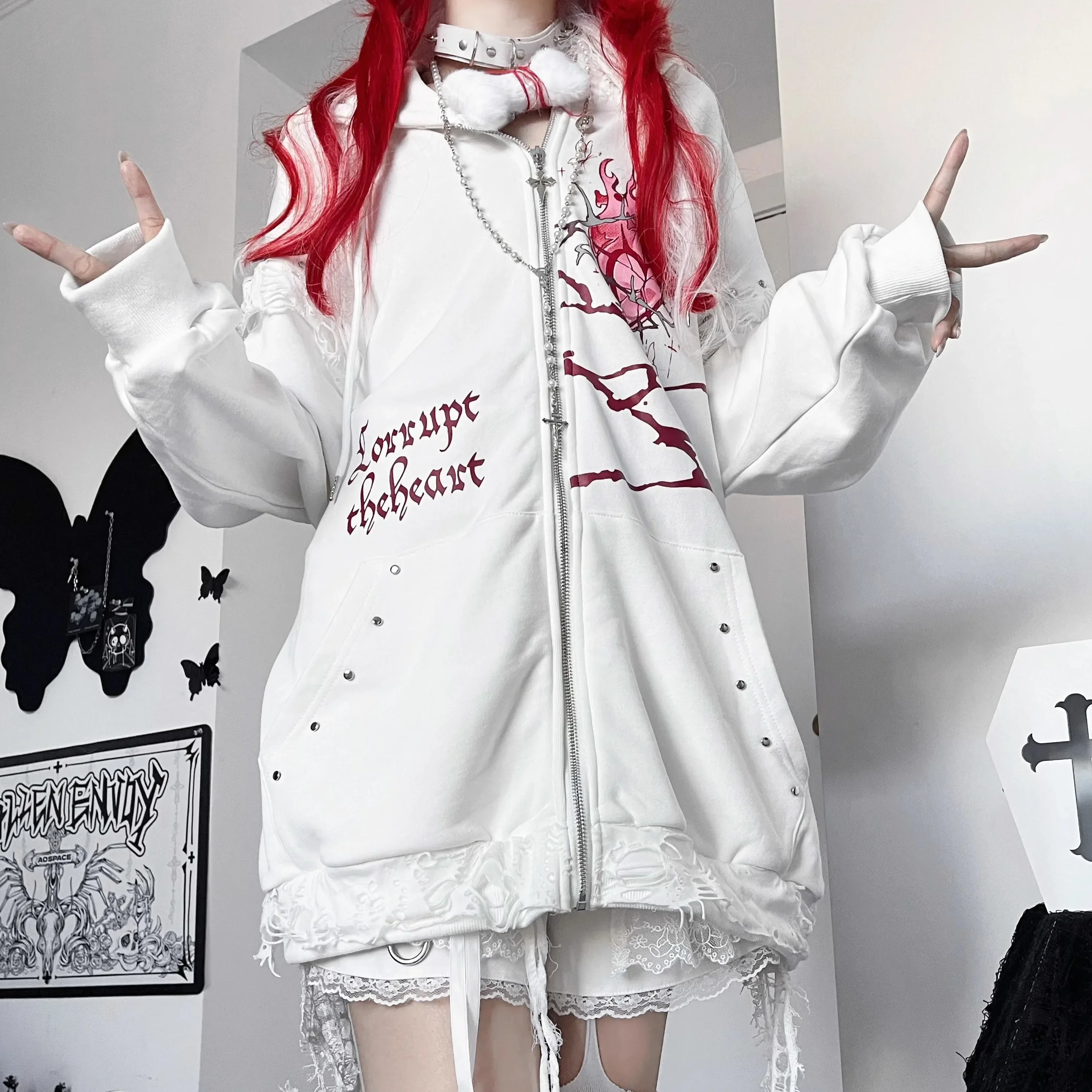 Subculture Gothic Black Hooded Hoodies Spring Women's Black Letter Printed Loose Zip Cardigan Jacket Student Aesthetic Clothing
